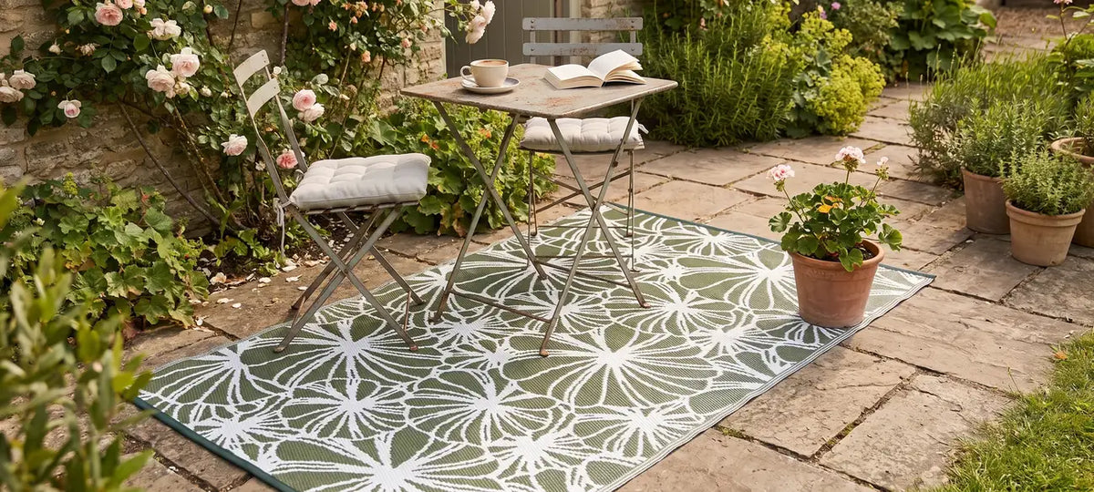 Floral outdoor rug in use on a patio under a bistro table