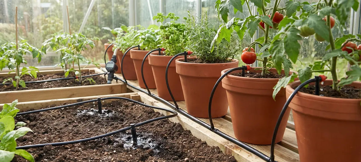Drip irrigation watering system set up in a greenhouse with potted plants