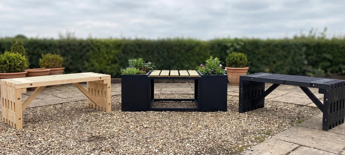 Wooden and black outdoor pallet garden benches with built-in planter boxes