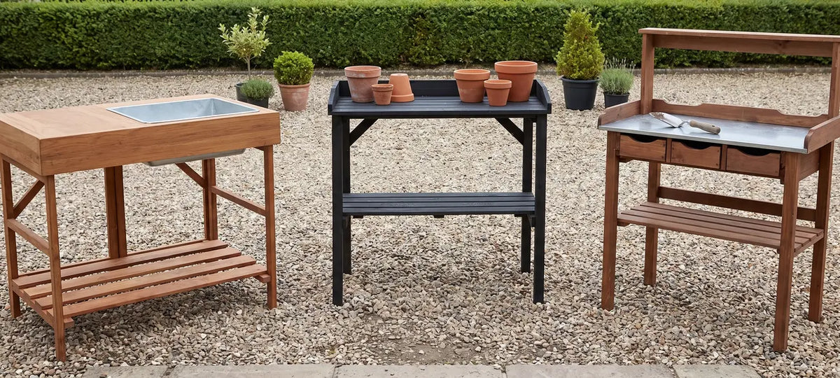 Hardwood, black pinewood, and brown wooden potting tables on display