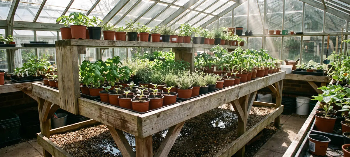 Elevated wooden staging bench with rows of potted seedlings inside a greenhouse