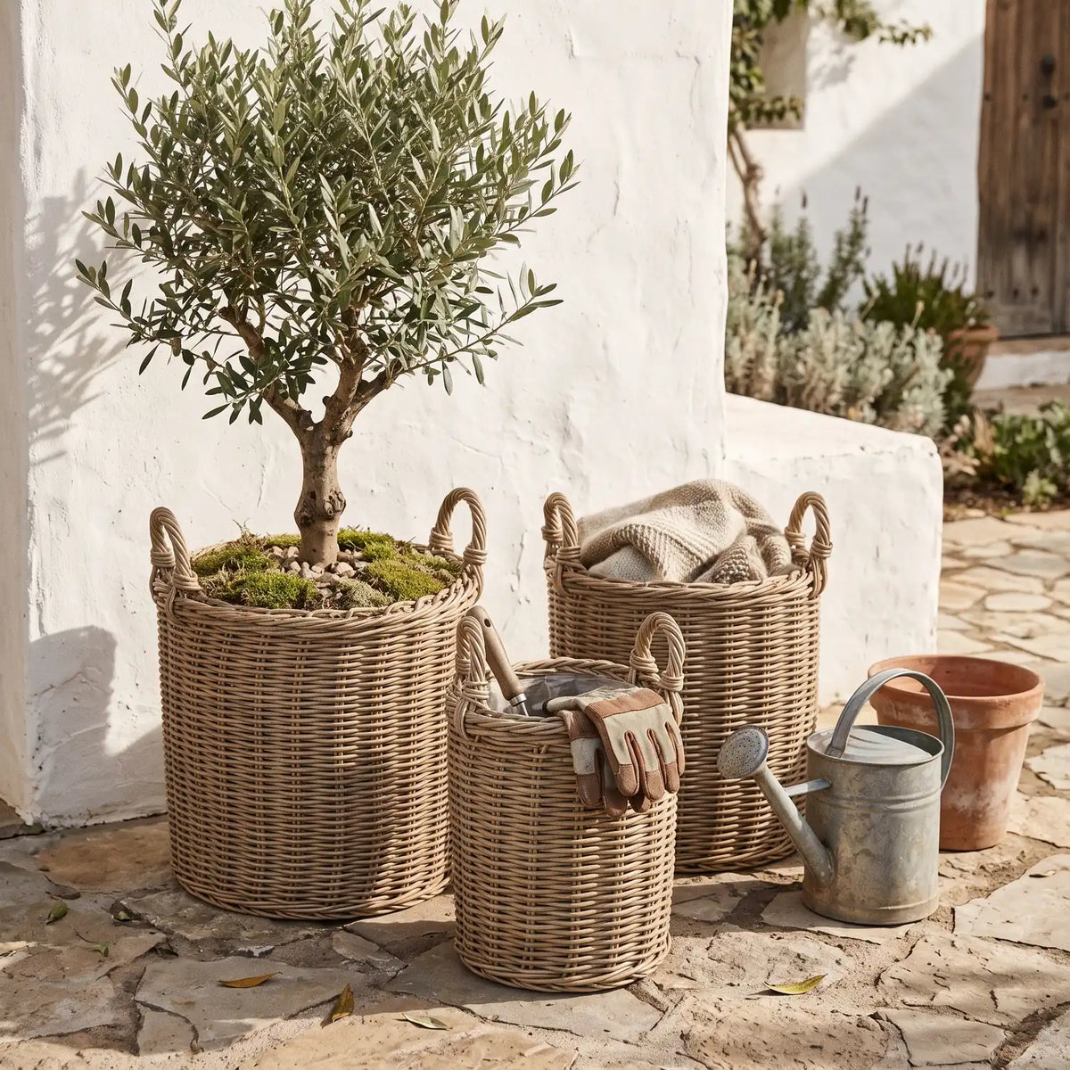 Basket Set of 3 with an olive tree planted in the largest basket, a blanket and garden gloves in the others
