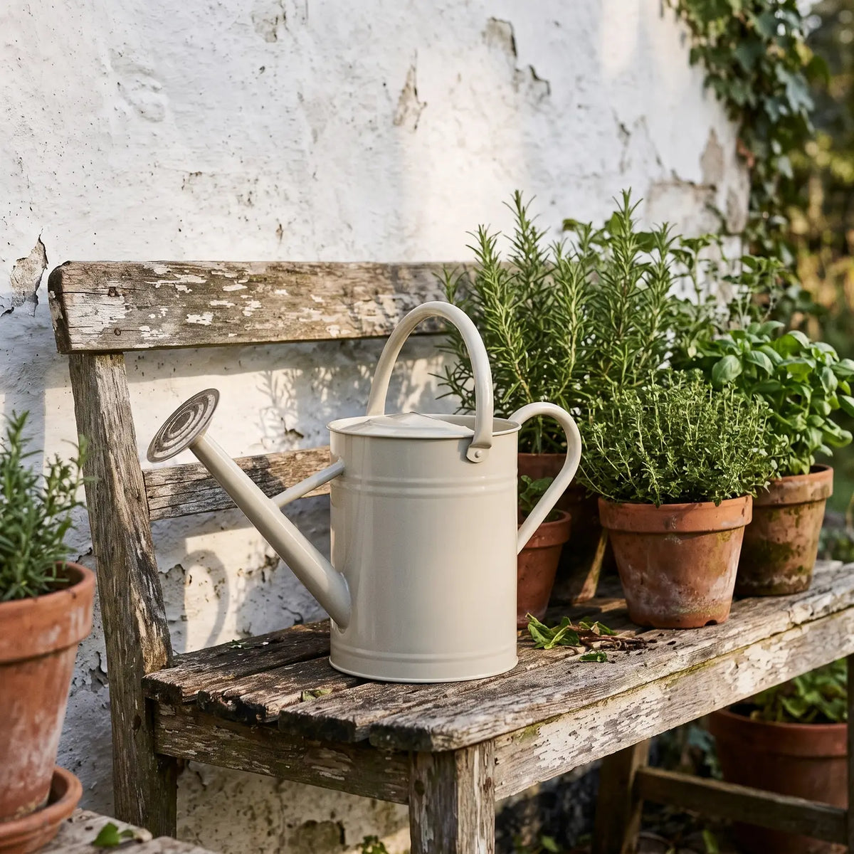 Sand Watering Can 8 Litres on an old bench among potted herbs
