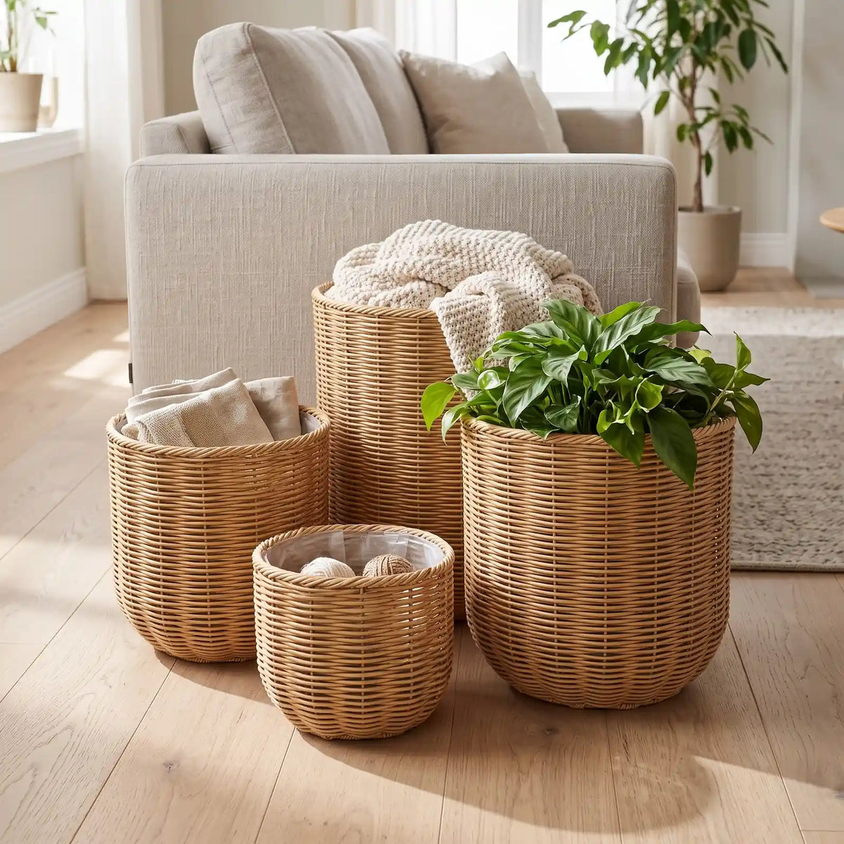 Woven Basket Set of 4 - Natural in a bright Scandinavian living room