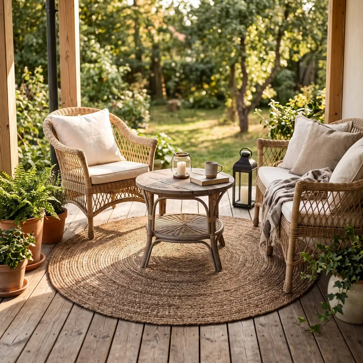 Hand-Woven PET Rug Ø120 cm under a wicker seating group on a covered terrace