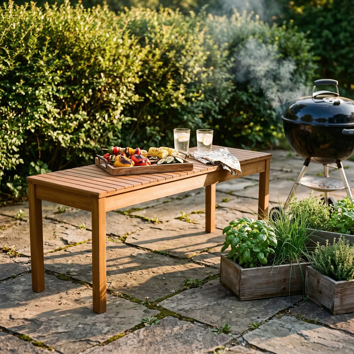 Tokyo Bench Acacia 118 cm on a patio beside a barbecue and herb planters