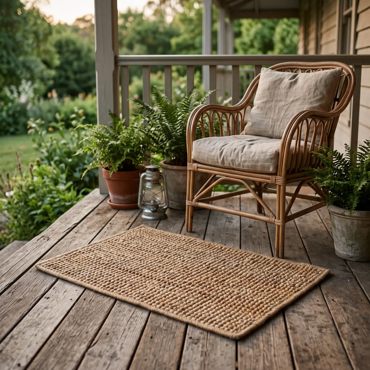 Bouclé Jute Rug 60 x 90 cm - Natural on a farmhouse veranda in front of a rattan armchair