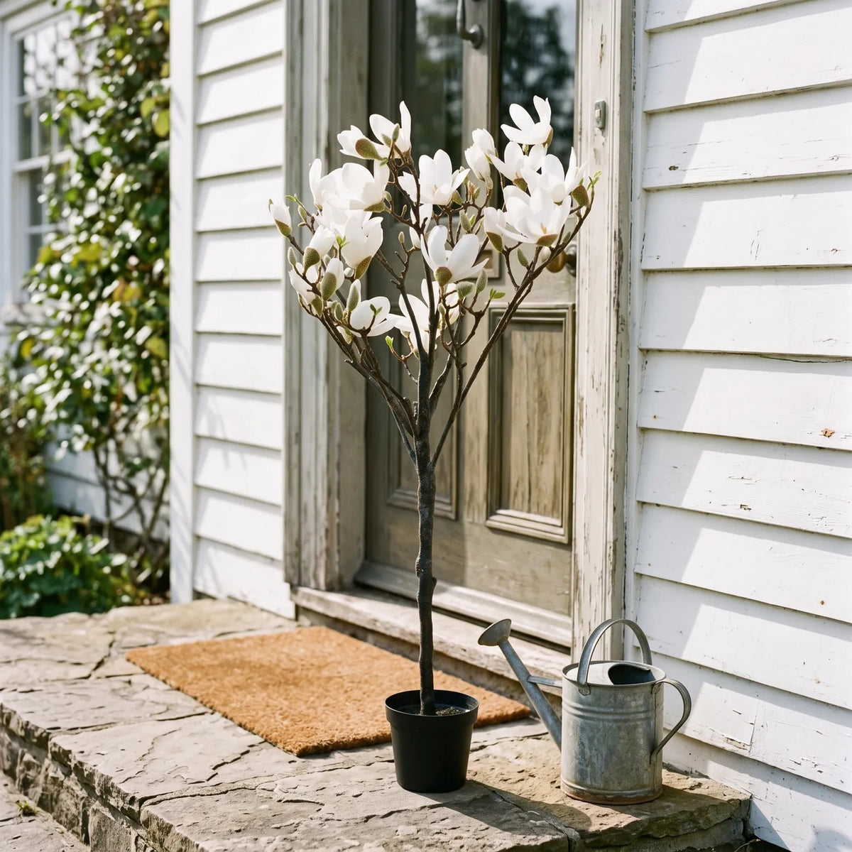 Artificial Magnolia Tree H120 cm beside a white country house front door