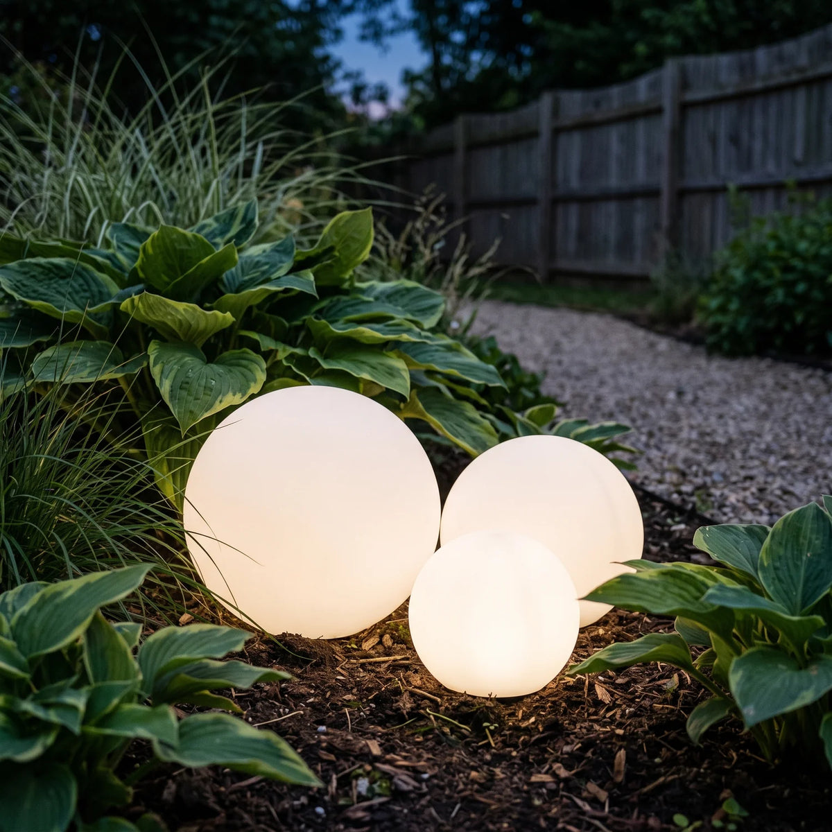 Solar Light Balls, Set of 3, glowing on the soil of a hosta flower border at dusk