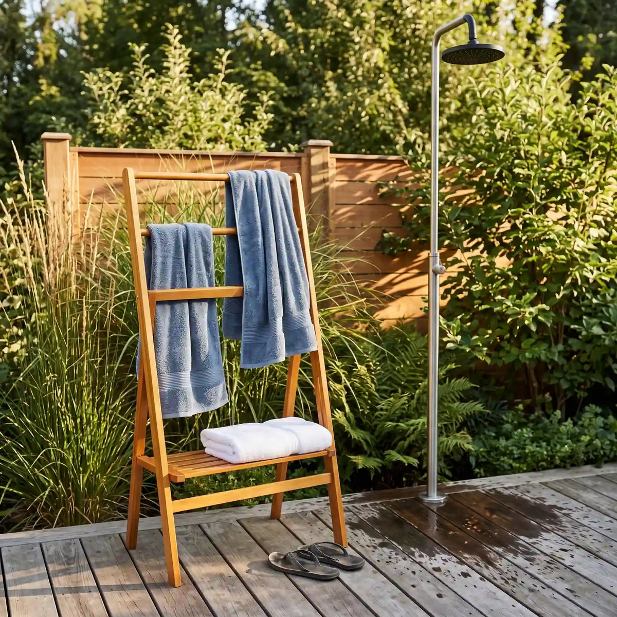 Tokyo Towel Rack Acacia next to an outdoor garden shower on a timber deck