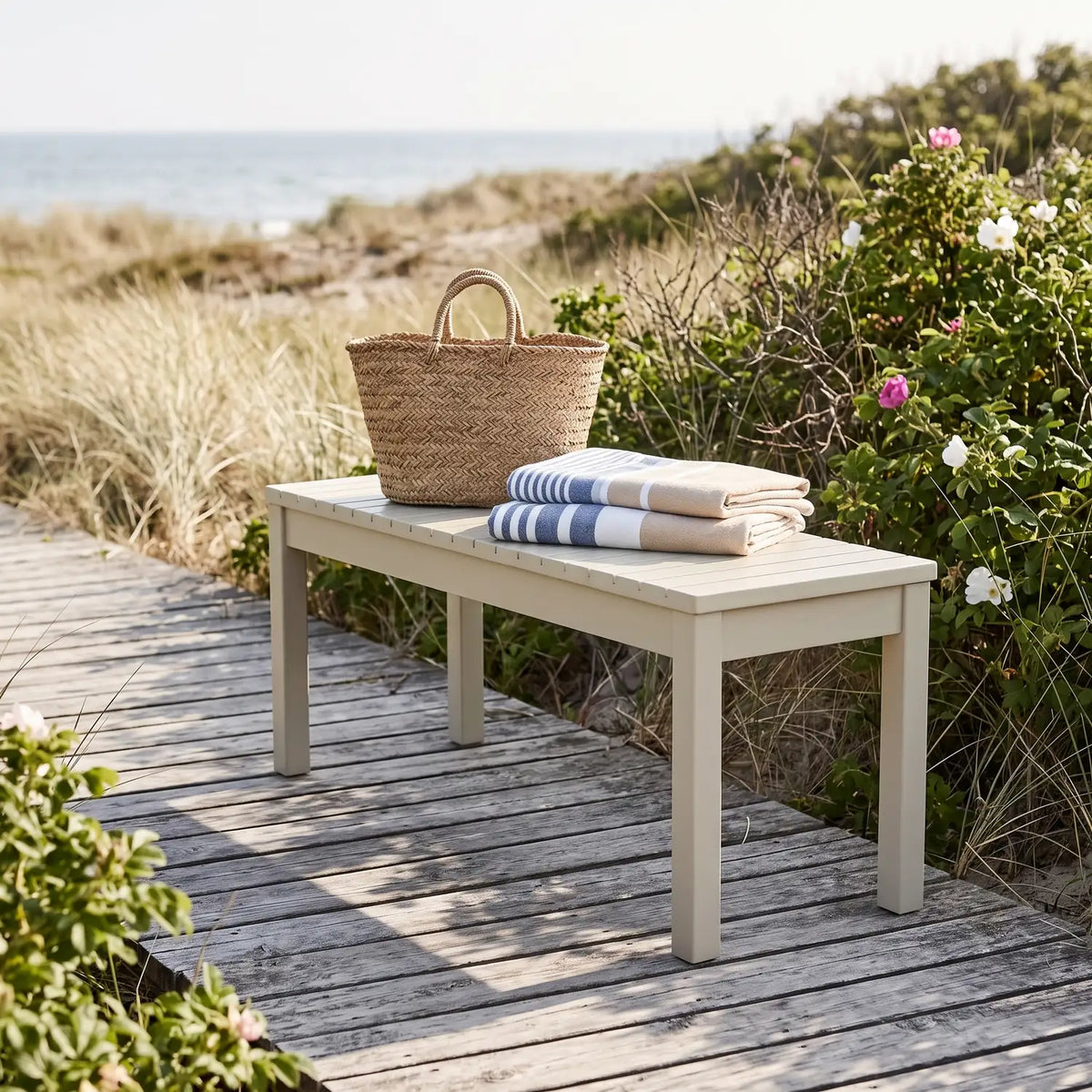 Tokyo Bench 88 cm in Sand on a boardwalk through dune grass