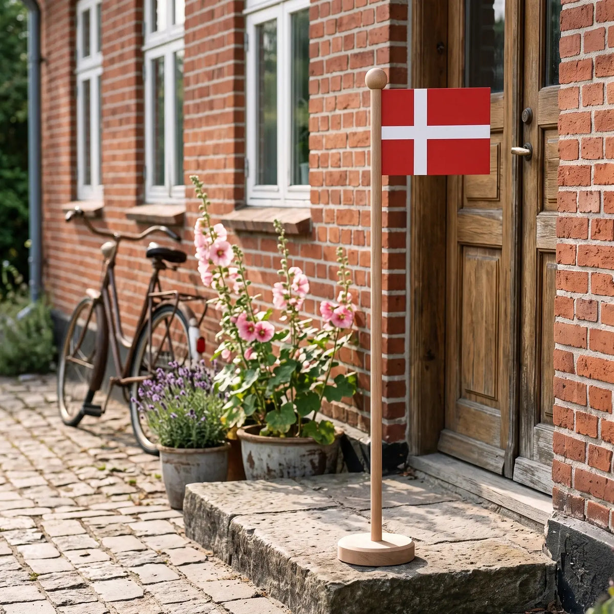 Danish Flag on Amberwood Pole 150 cm beside the door of a red-brick farmhouse