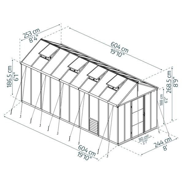 Glory 8 ft. x 20 ft. Greenhouse Kit - Grey Structure & Multiwall Panels