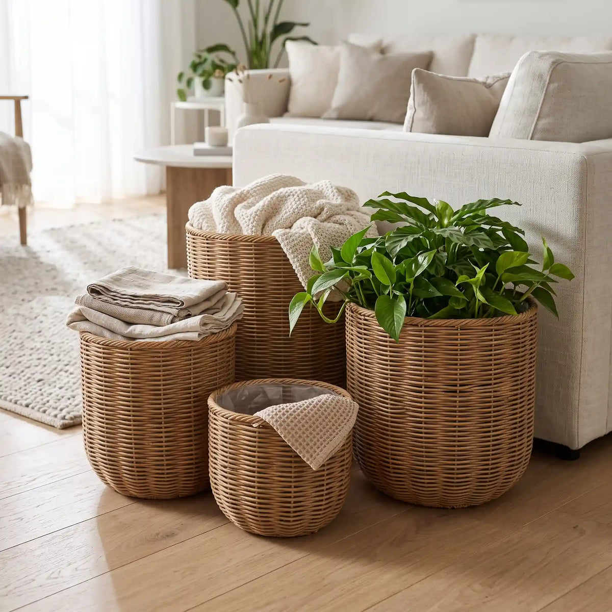 Woven Basket Set of 4 - Greywash in a bright Scandinavian living room
