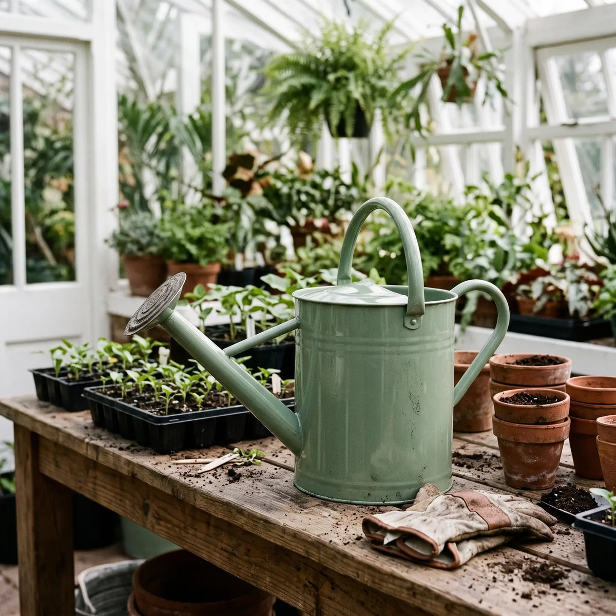 Dusty Green Watering Can 8 Litres on a potting table in a greenhouse