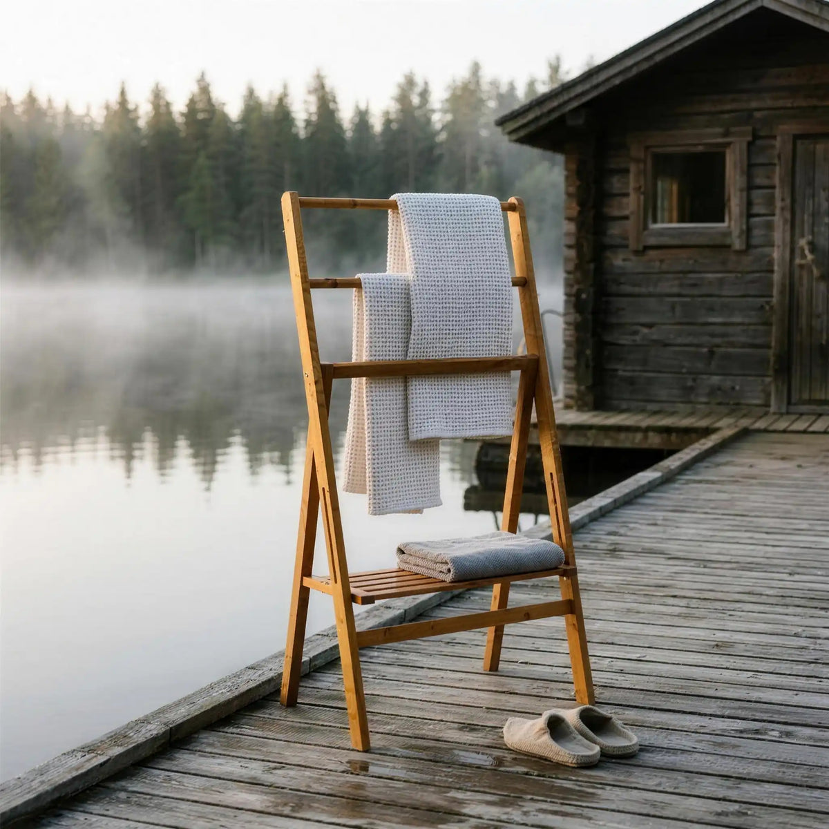 Tokyo Towel Rack Acacia by a Nordic lakeside sauna