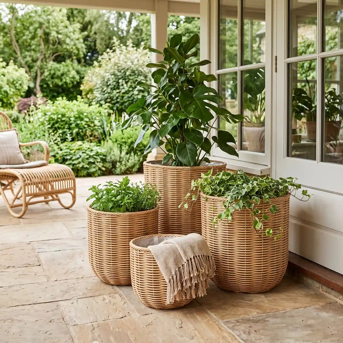 Woven Basket Set of 4 - Natural on a covered patio by an orangery