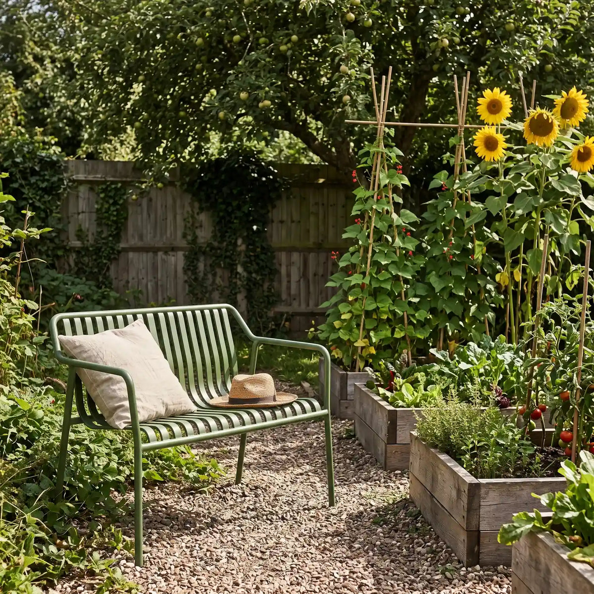 Aluminium Garden Bench in Green on a gravel path by raised vegetable beds
