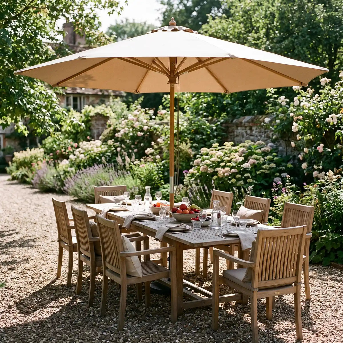 Nice Parasol Ø3 m in cappuccino over a garden dining table for eight