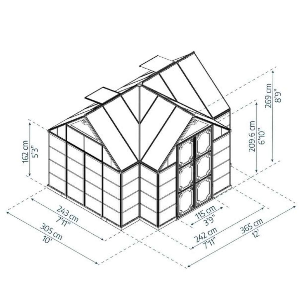 Victory Orangery 10×12 ft greenhouse with vaulted grey frame and hybrid polycarbonate panels