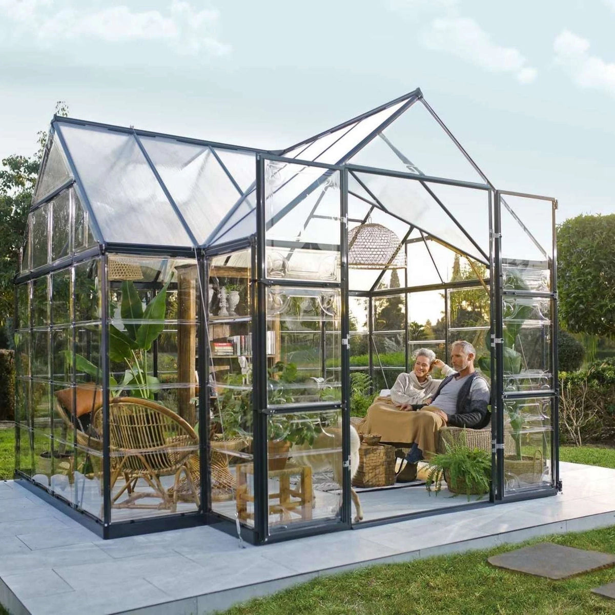 Victory Orangery 10×12 ft greenhouse with vaulted grey frame and hybrid polycarbonate panels