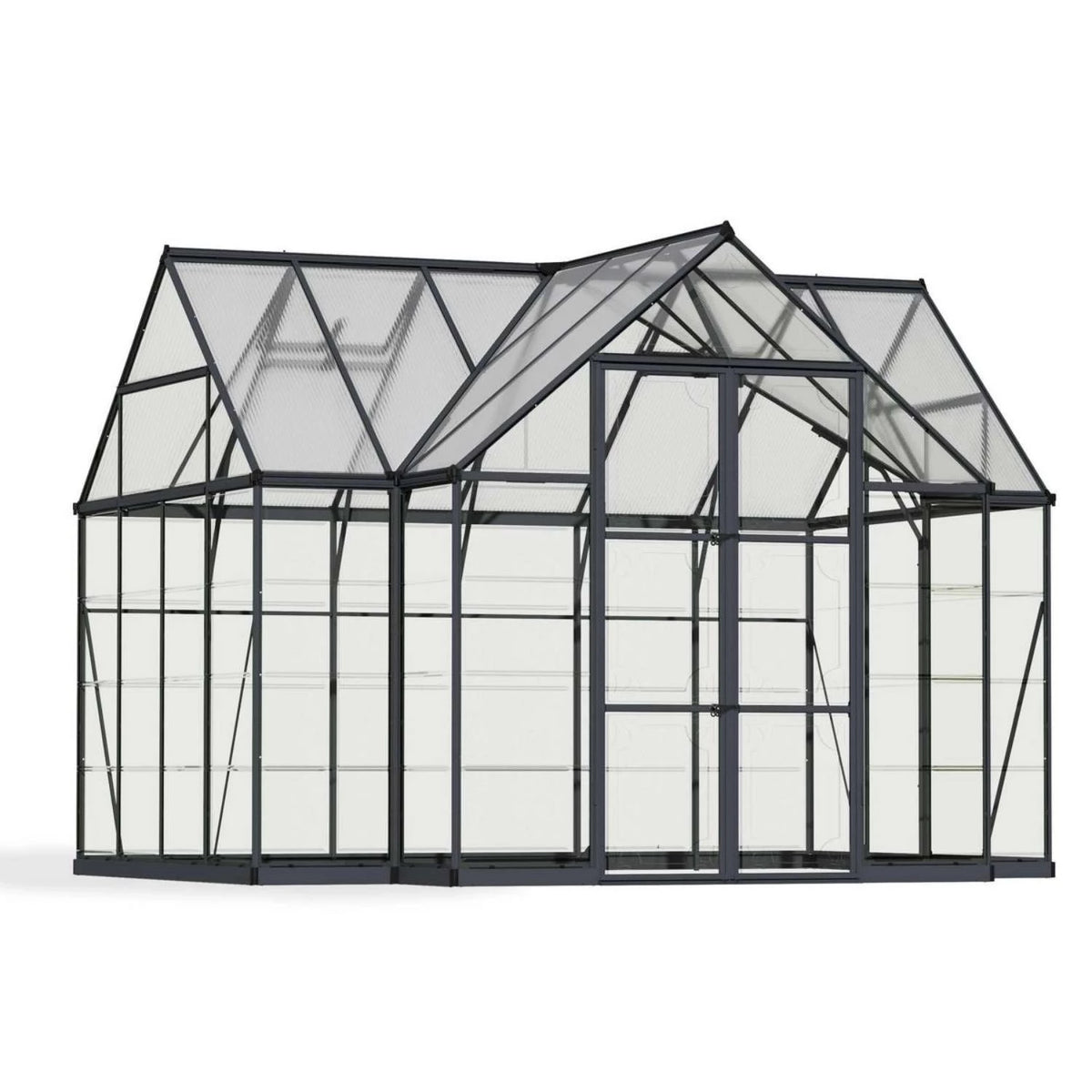Victory Orangery 10×12 ft greenhouse with vaulted grey frame and hybrid polycarbonate panels